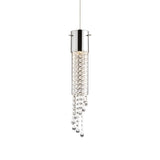 The Cono 1 Light Glass Pendant - Chrome features a contemporary chrome finish with a sleek silver cylindrical top and cascading clear crystal-like beads, providing dimmable lighting to create a customizable ambiance, all set against a plain white background.