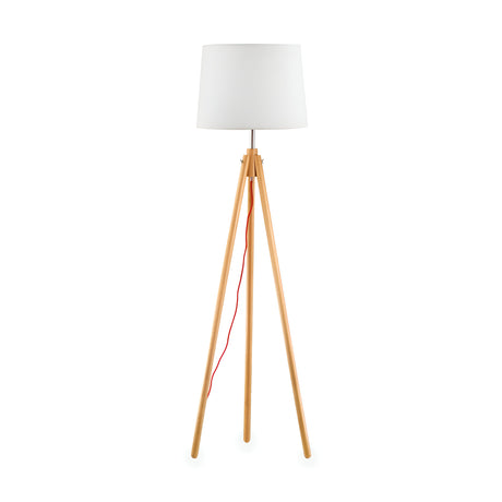 Introducing the "Blues Wood Floor Lamp - Wood/White," a stylish and contemporary floor lamp designed for minimalist interiors. It features a white lampshade paired with elegant wooden tripod legs, while a red power cord offers a striking contrast, adding an element of Scandinavian charm.