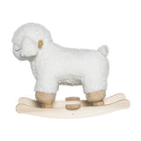 White Laasrith Rocking Sheep plush ride-on toy with curly fabric body, closed eyes, floppy ears and tail, on curved poplar wood rockers with foot supports.