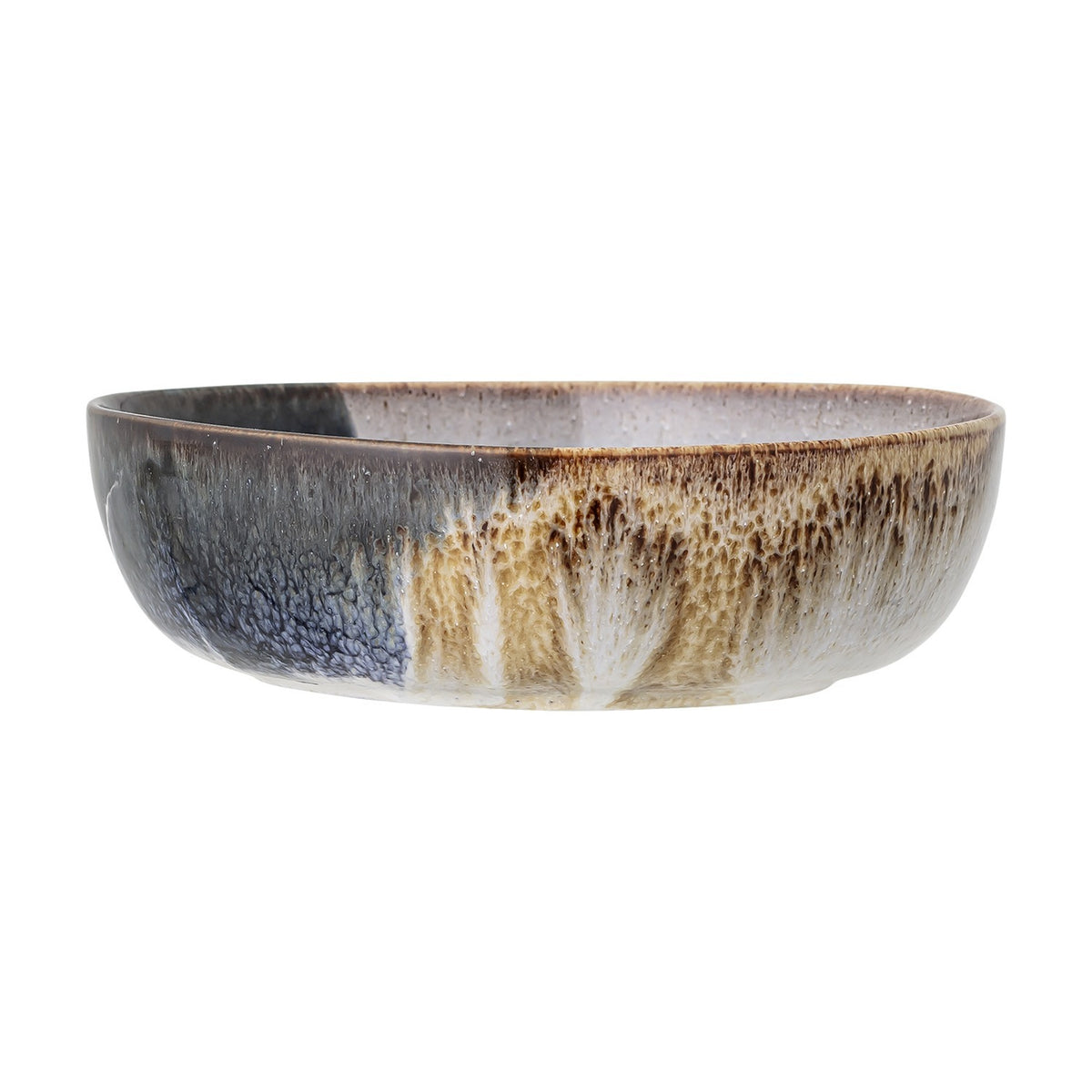 Jules Crackle Stoneware Bowl 17.5cm in Blue, a low wide ceramic bowl with reactive blue and tan crackle glaze, shown on a plain white background.
