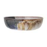 Jules Crackle Stoneware Bowl 17.5cm in Blue, a low wide ceramic bowl with reactive blue and tan crackle glaze, shown on a plain white background.