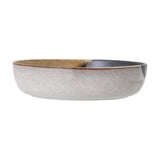 Jules Crackle Stoneware Bowl 25cm in Multi, a wide shallow ceramic serving bowl with speckled beige and grey-blue crackle glaze, shown on a plain white background.