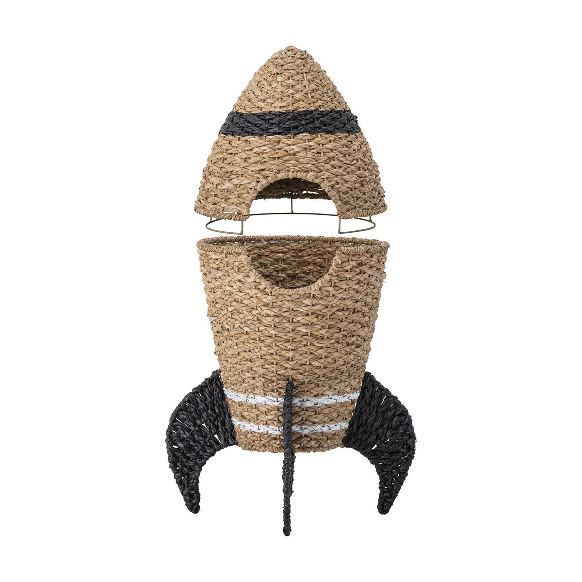 Cosmina Rocket Seagrass Basket with Lid in natural, rocket-shaped kids storage with removable nose-cone lid, black fins and bands, on a plain white background.