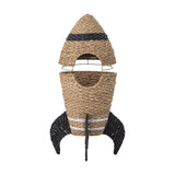 Cosmina Rocket Seagrass Basket with Lid in natural, rocket-shaped kids storage with removable nose-cone lid, black fins and bands, on a plain white background.