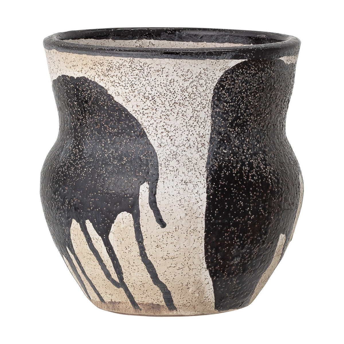 Nala Terracotta Plant Pot in black, a rounded vessel with pinched neck and flared rim, speckled sandy clay with hand-painted black leaf-like strokes, shown on a plain white background.