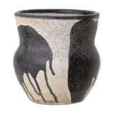 Nala Terracotta Plant Pot in black, a rounded vessel with pinched neck and flared rim, speckled sandy clay with hand-painted black leaf-like strokes, shown on a plain white background.