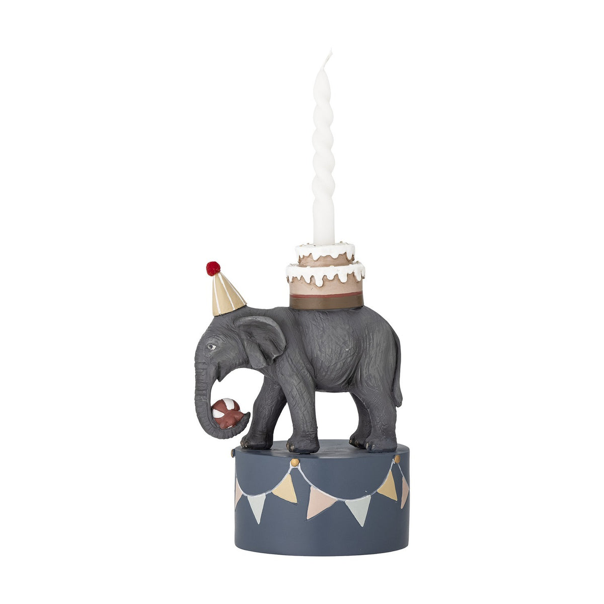 Multicoloured 18cm resin candle holder shaped as a party elephant carrying a two-tier cake and ball on a bunting-decorated base, with a white spiral candle.