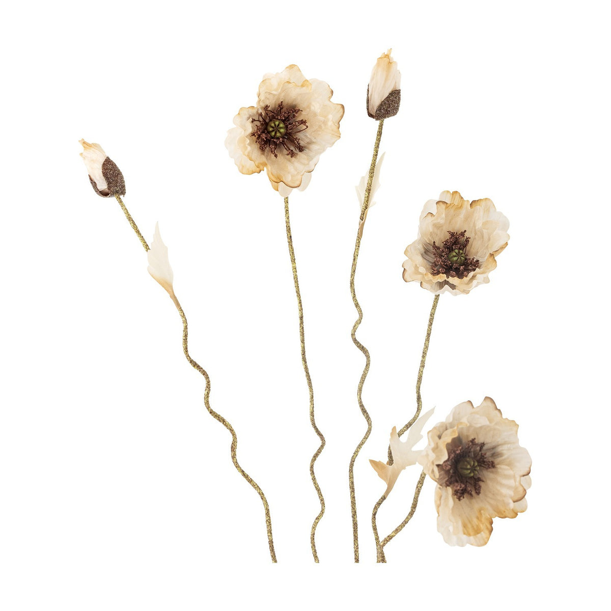 Artificial poppy stem in beige with wavy branching stems bearing open ruffled flowers, closed buds, and small leaves, shown against a plain white background.