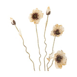 Artificial poppy stem in beige with wavy branching stems bearing open ruffled flowers, closed buds, and small leaves, shown against a plain white background.
