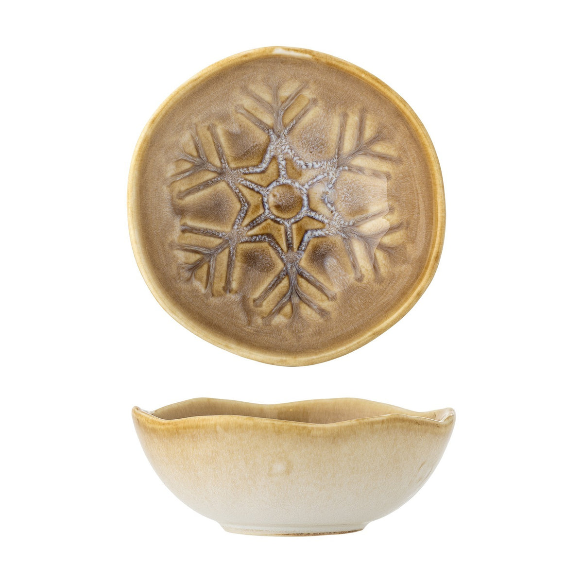 Acco Stoneware Christmas Bowl 12cm in brown, shown top-down and side-on with a wavy rim and snowflake-like radiating pattern in a reactive glaze, on a white background.