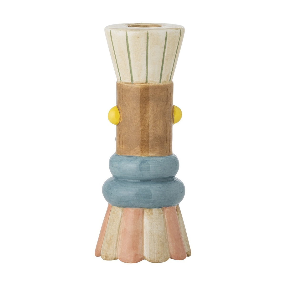 Minio Ceramic Vase 17cm in Multi, a hand-painted bud vase with cream fluted top, tan body with yellow dot accents, blue banded middle, and pink scalloped base, shown on a plain white background.
