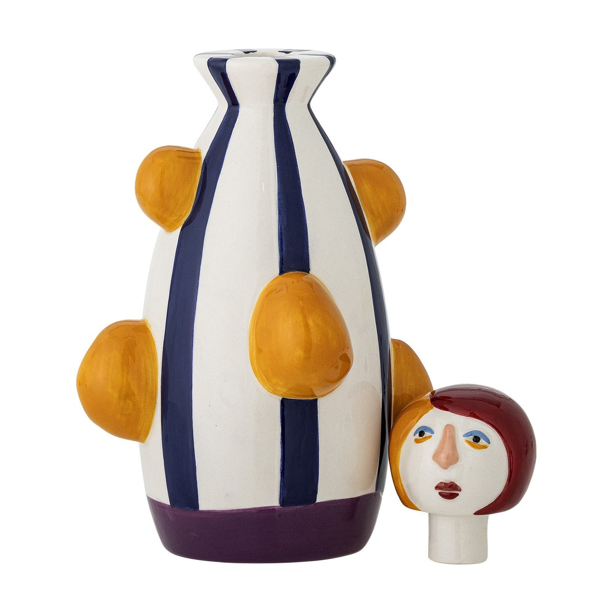 Conneli Ceramic Candle Holder in multicoloured dolomite with a tall bumped, striped bottle body, purple foot band, and removable head with painted face and red bobbed hair, on white background.
