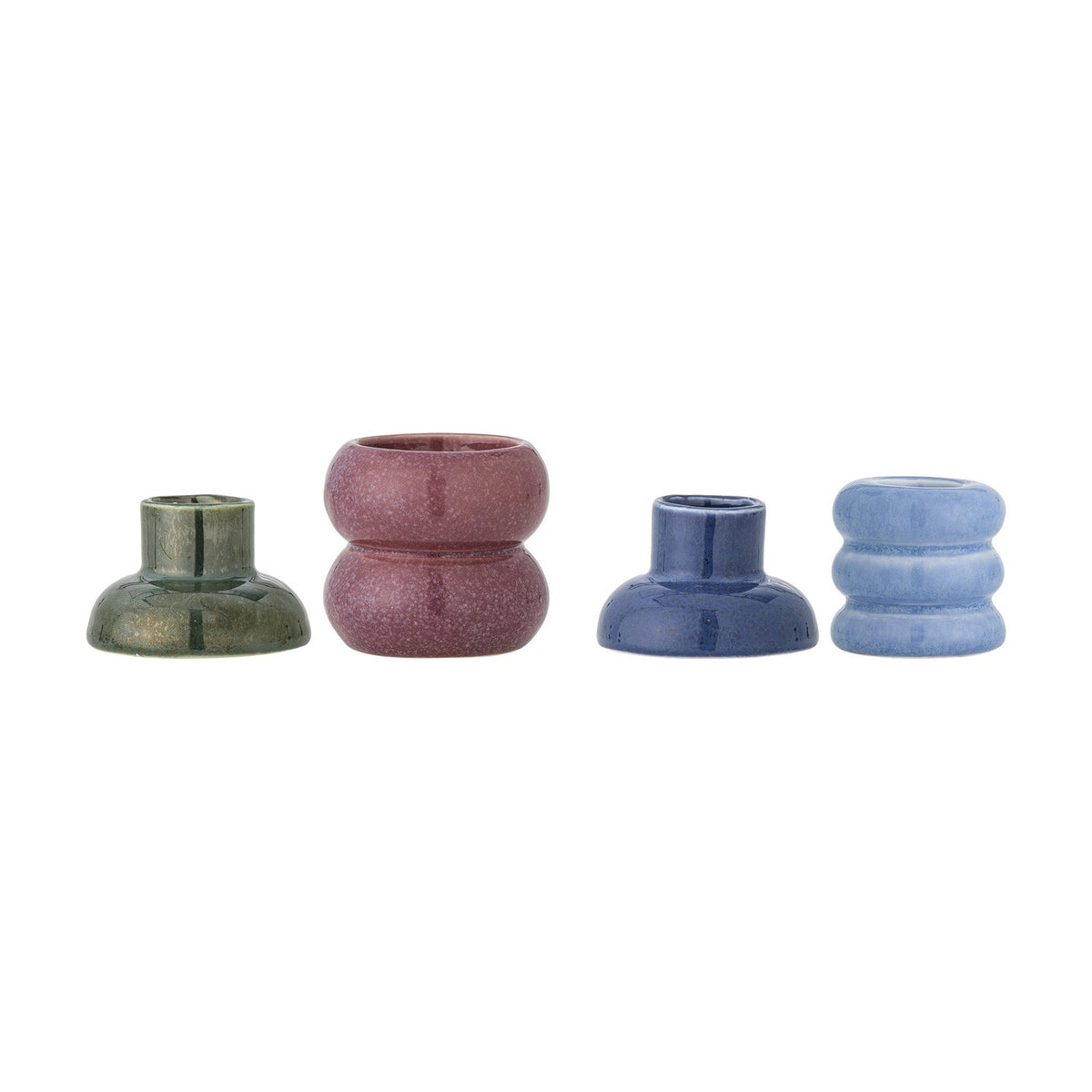 Tana Speckled Tealight & Candle Holders in green, pink and blue stoneware, stacked ribbed and curved designs with domed bases, shown on a white background.