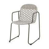 Calana Iron Garden Chair in grey, with a powder-coated metal frame, woven basketweave cord seat and back, curved armrests, and a stackable sled base, shown on a plain white background.