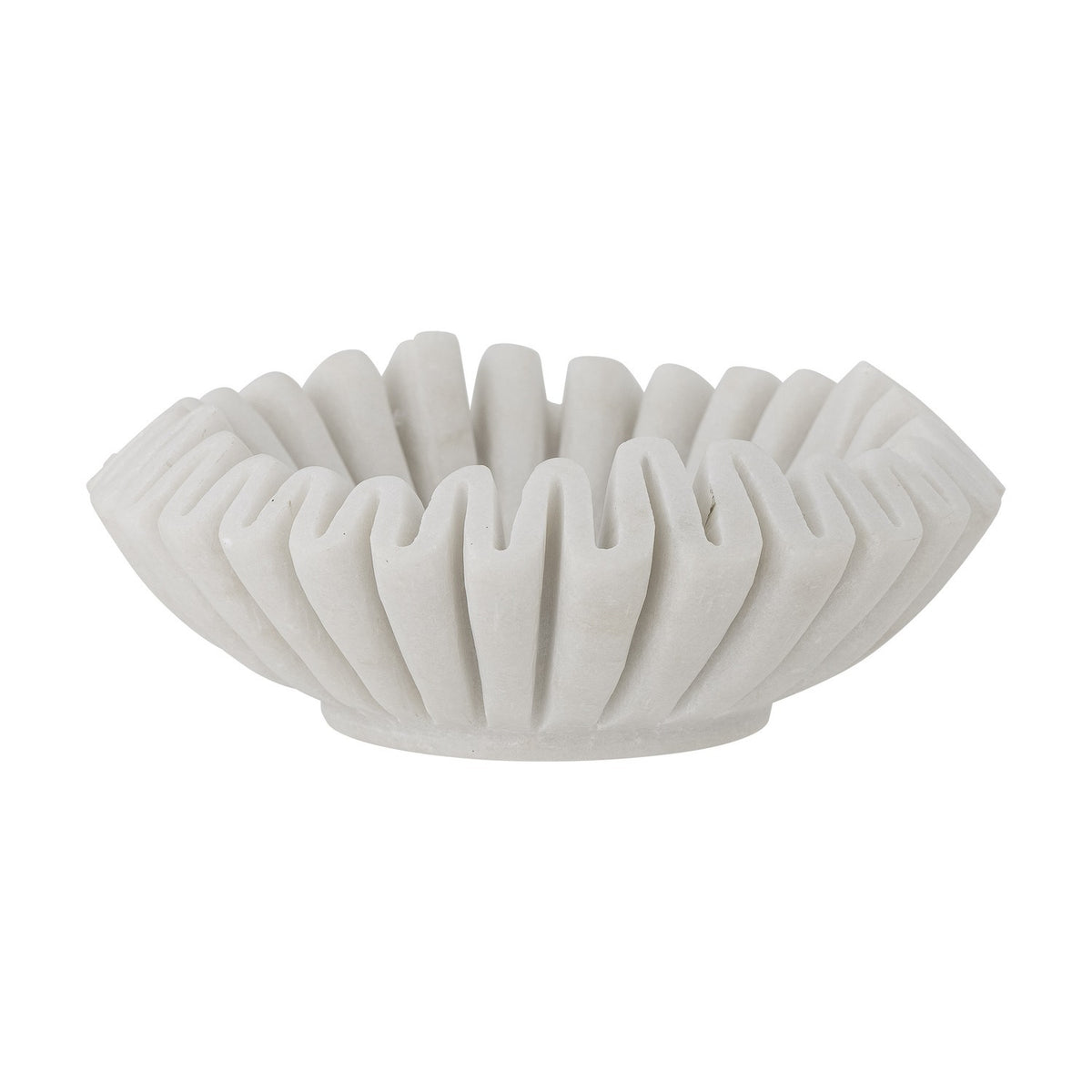 Harmonia Marble Bowl 17.5cm in white, a low round dish with deep grooves radiating to a scalloped, flower-like rim, shown on a plain white background.
