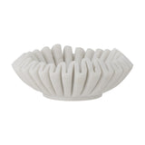 Harmonia Marble Bowl 17.5cm in white, a low round dish with deep grooves radiating to a scalloped, flower-like rim, shown on a plain white background.