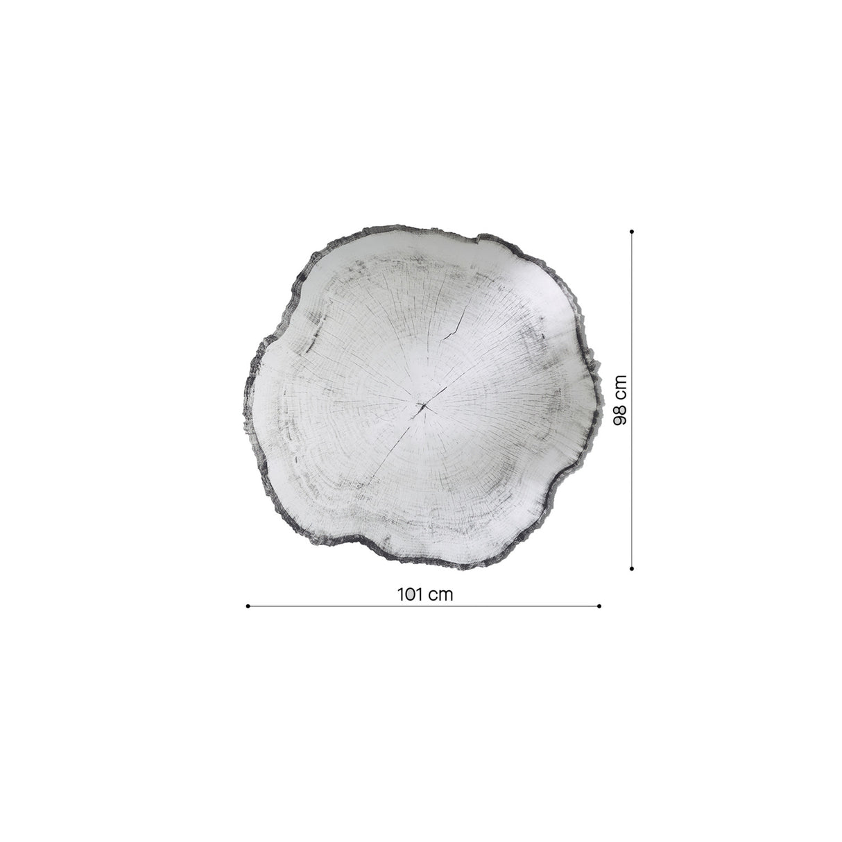 Dimension drawing of the irregular tree ring wall mirror, marked 101cm wide by 98cm high with a depth of 2.5cm.