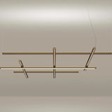 Hilow LED Pendant Light with open frame design, featuring three horizontal bars crossed by angled linear diffusers in a brushed bronze finish, suspended on thin cables against a neutral background.
