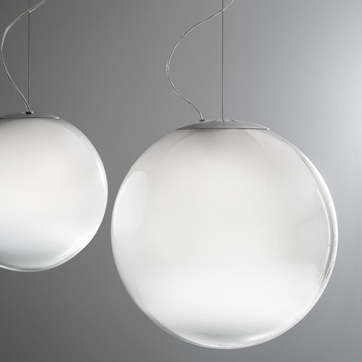 Smoke Glass Globe LED Pendant Light, 35cm sphere in shaded white glass with silver ceiling canopy, shown in pairs against a grey background.