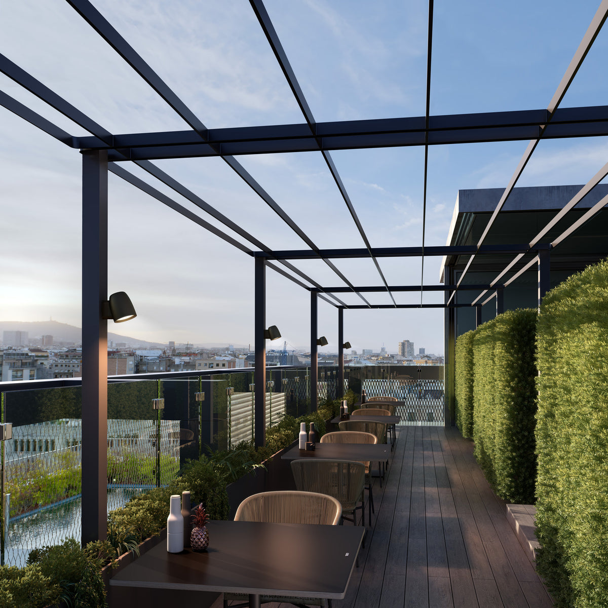 Nut A/01 Stainless Steel LED outdoor wall lights with rounded bell-shaped heads, mounted on pergola posts lighting a rooftop terrace dining area at dusk.