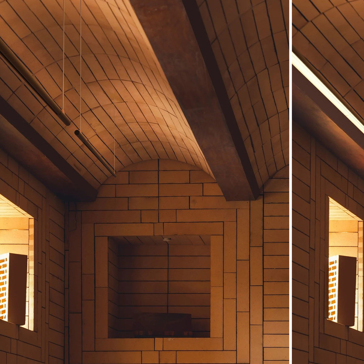 BIMU S150 Dep linear LED pendant light suspended on fine cables beneath a curved wooden ceiling, illuminating a square recessed alcove in a warm-toned room.
