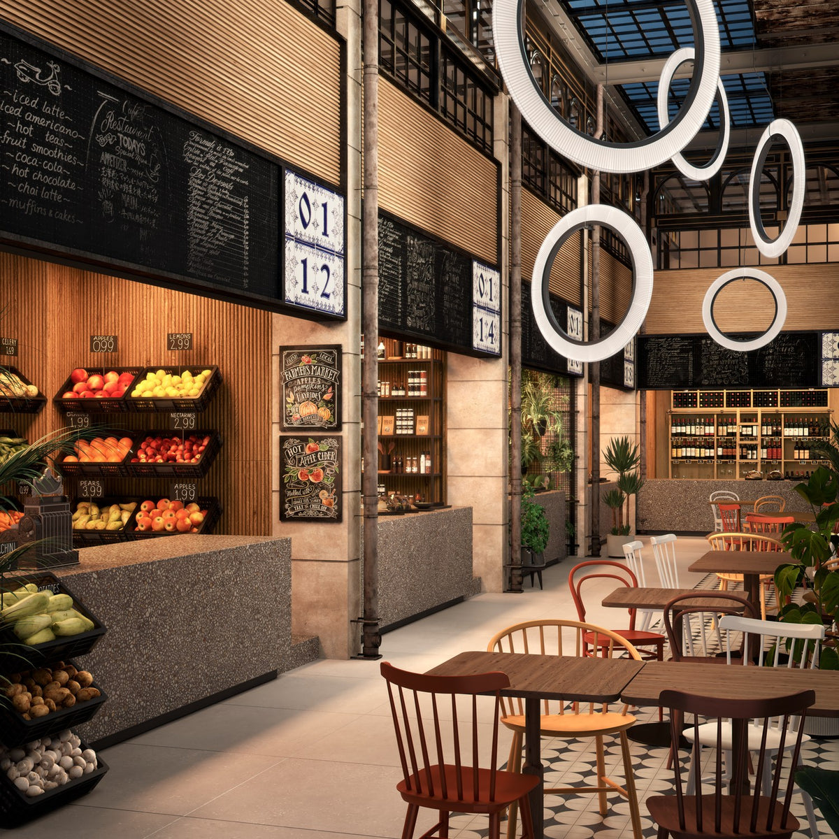 Roda S/90/V Ribbon Ring LED pendant light in white, a large circular ring shade shown among multiple suspended rings in a café-style interior with high ceilings.