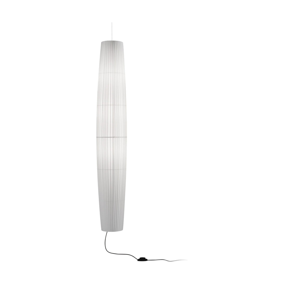 Maxi S/01 Ribbon LED pendant light in white, a tall tapered column of pleated translucent ribbon with banded sections, shown on a plain white background.