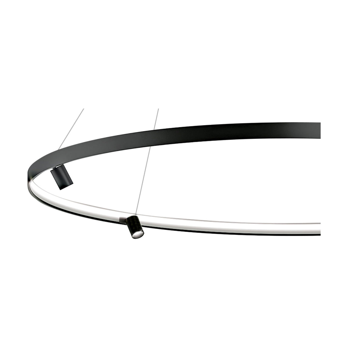 Close-up of the Arena Aluminium Ring LED Pendant Light 147cm, showing the slim black hoop with integrated LED strip, two adjustable spotlights, and fine suspension wires.