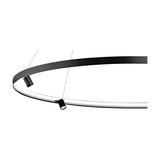 Close-up of the Arena Aluminium Ring LED Pendant Light 147cm, showing the slim black hoop with integrated LED strip, two adjustable spotlights, and fine suspension wires.