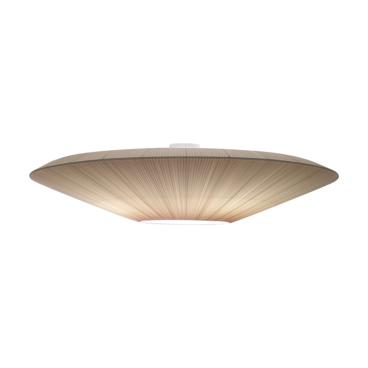 Siam 200 Ribbon Ceiling Light in cream, a wide shallow cone shade with fine radiating pleats and a white centre disc, shown lit against a plain white background.