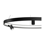 Close-up of the Arena Aluminium Ring LED Pendant Light 98cm, showing the slim black ring with integrated LED strip and an adjustable spot head, suspended on thin wires against a white background.