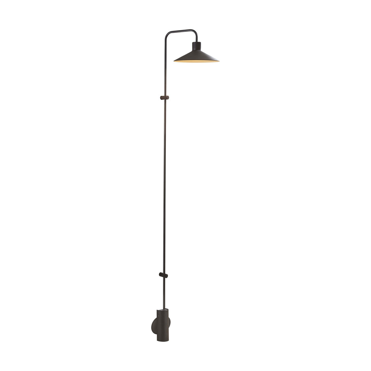 Platet A/06 aluminium LED wall light in black, tall slim rod with curved arm and conical shade, mounted base with switch, shown on a plain white background.