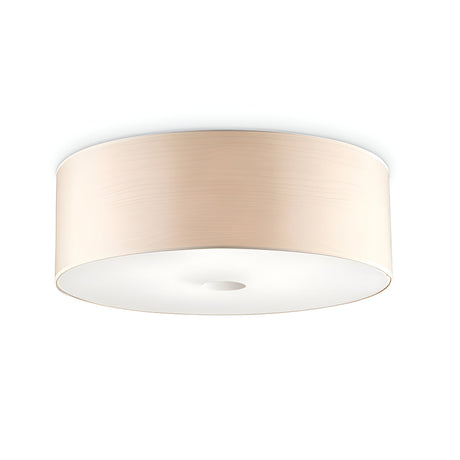 The Noble 4 Light Flush - Cream is a modern ceiling light fixture that features a round shape with a cream diffuser and beige exterior, complemented by a white, diffused surface. Its minimalist design makes it ideal for contemporary interiors, providing subtle ambient lighting. The fixture is designed to be flush-mounted to the ceiling.