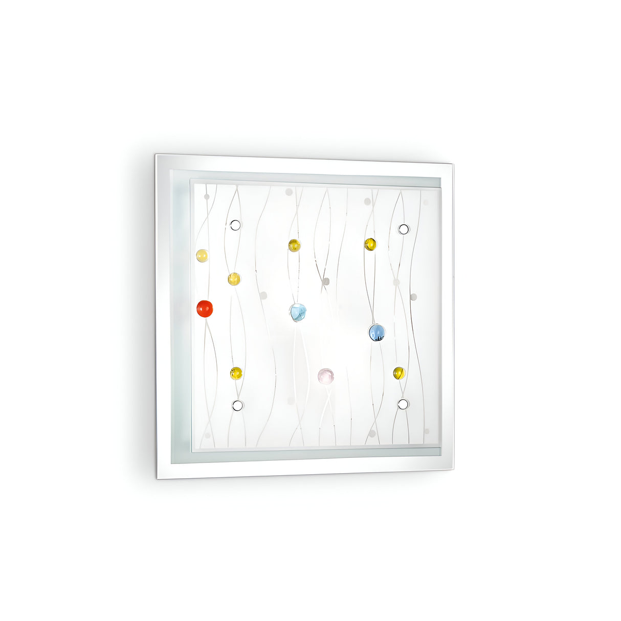 The Horizon 2 Light Ceiling & Wall Light - Multicolour is a square glass panel with a minimalist design that features wavy lines and scattered circles in shades of red, yellow, and blue. It is set in a sleek white frame that enhances both ceiling and wall light arrangements against a plain backdrop.