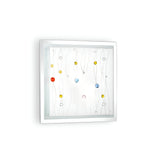 The Horizon 2 Light Ceiling & Wall Light - Multicolour is a square glass panel with a minimalist design that features wavy lines and scattered circles in shades of red, yellow, and blue. It is set in a sleek white frame that enhances both ceiling and wall light arrangements against a plain backdrop.
