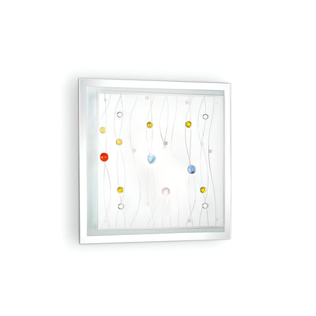 The Horizon 2 Light Ceiling & Wall Light - Multicolour is a square glass panel with a minimalist design that features wavy lines and scattered circles in shades of red, yellow, and blue. It is set in a sleek white frame that enhances both ceiling and wall light arrangements against a plain backdrop.