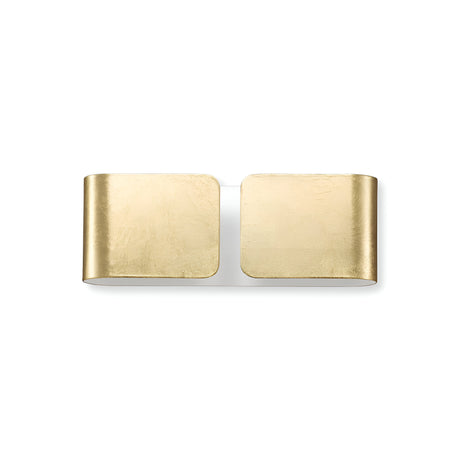 A set of luxurious Halox 2 Light Mini Wall Lights in gold features a gently curved, square-shaped design. When placed side by side against a white backdrop, their sleek and reflective surfaces contribute an elegant flair.