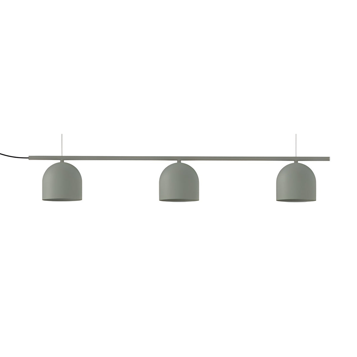 Rio Linear 3 Light Dome Chandelier in green, featuring three dome-shaped iron shades evenly spaced along a slim horizontal bar, shown on a plain white background.