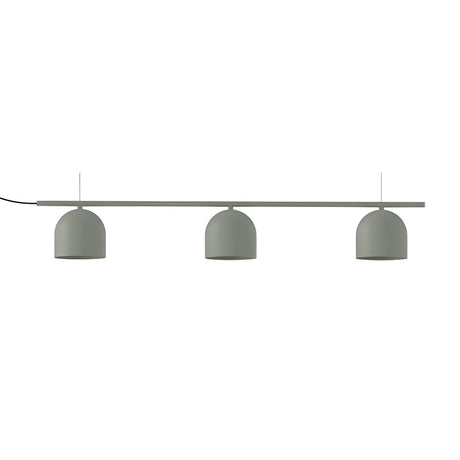 Rio Linear 3 Light Dome Chandelier in green, featuring three dome-shaped iron shades evenly spaced along a slim horizontal bar, shown on a plain white background.