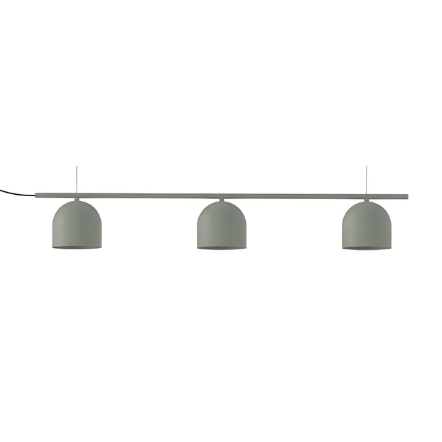 Rio Linear 3 Light Dome Chandelier in green, featuring three dome-shaped iron shades evenly spaced along a slim horizontal bar, shown on a plain white background.