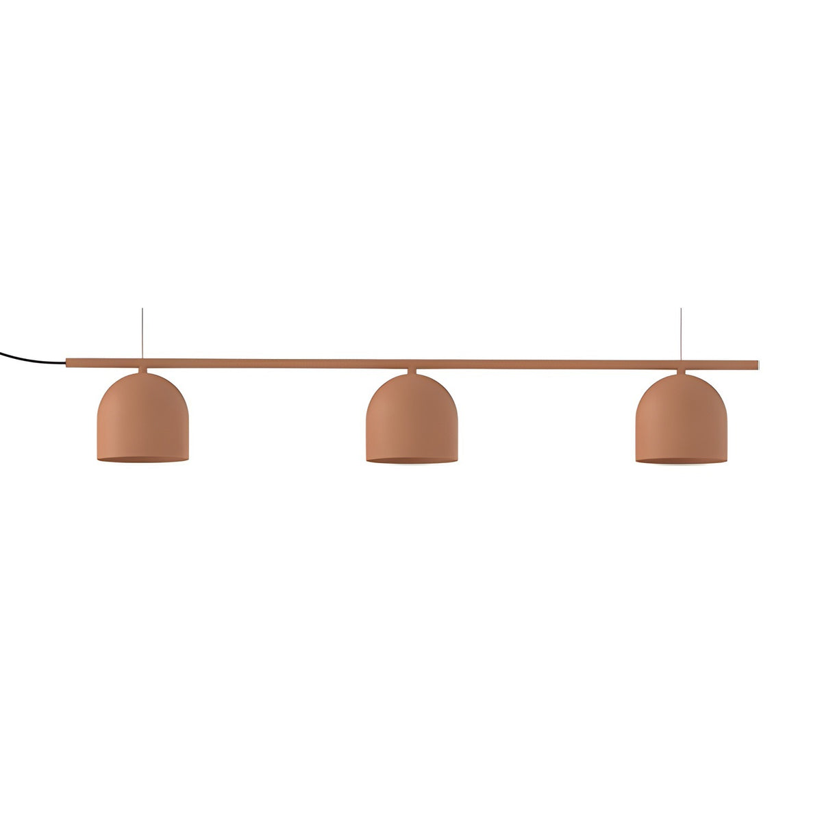 Rio Linear 3 Light Dome Chandelier in terracotta, featuring a straight iron bar with three evenly spaced dome shades, shown on a plain white background.