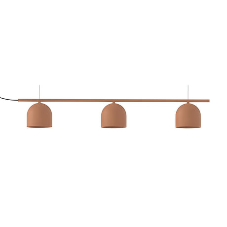 Rio Linear 3 Light Dome Chandelier in terracotta, featuring a straight iron bar with three evenly spaced dome shades, shown on a plain white background.