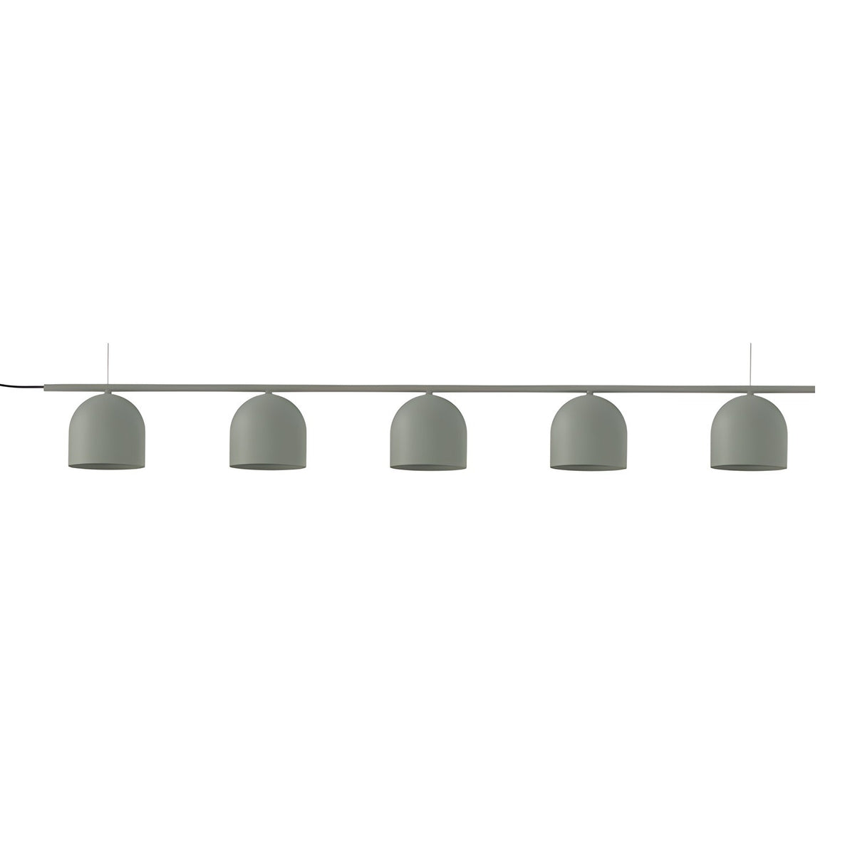 Rio Linear 5 Light Dome Chandelier in green, five domed iron shades evenly spaced along a slim horizontal bar, shown on a plain white background.