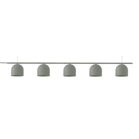 Rio Linear 5 Light Dome Chandelier in green, five domed iron shades evenly spaced along a slim horizontal bar, shown on a plain white background.