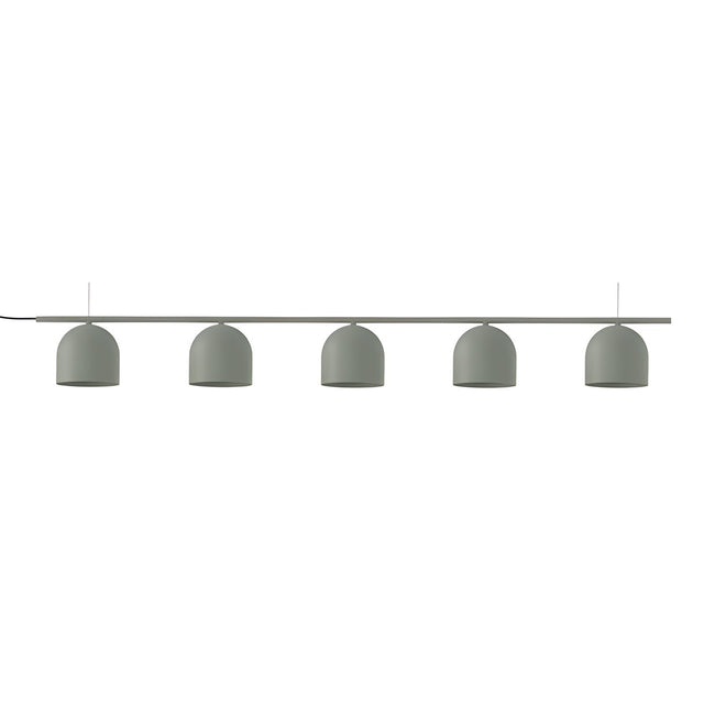 Rio Linear 5 Light Dome Chandelier in green, five domed iron shades evenly spaced along a slim horizontal bar, shown on a plain white background.