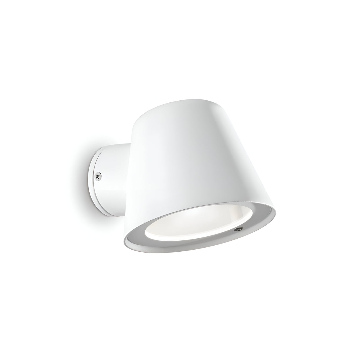 The Quasar Outdoor Wall Light - White boasts a contemporary conical design, skillfully made from powder-coated die-cast aluminium. Its smooth finish and sleek angle make it an elegant addition to any white background, while its IP43 rating ensures reliable durability.