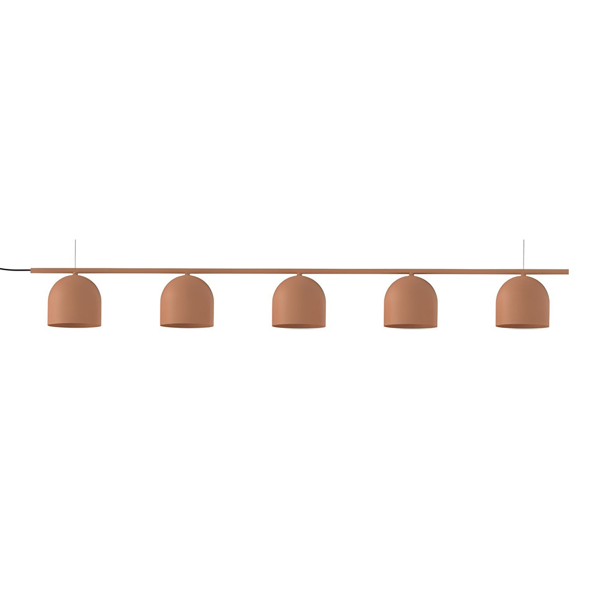 Rio Linear 5 Light Dome Chandelier in terracotta, a slim iron bar with five small dome shades hanging in a row, shown on a plain white background.