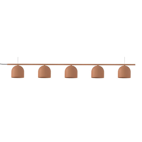 Rio Linear 5 Light Dome Chandelier in terracotta, a slim iron bar with five small dome shades hanging in a row, shown on a plain white background.