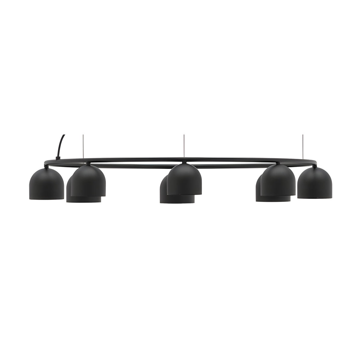 Rio 9 Circular Dome Ring Chandelier in matt black, a slim iron ring with five small domed shades on fine wires, shown against a plain white background.