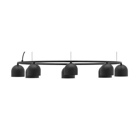 Rio 9 Circular Dome Ring Chandelier in matt black, a slim iron ring with five small domed shades on fine wires, shown against a plain white background.